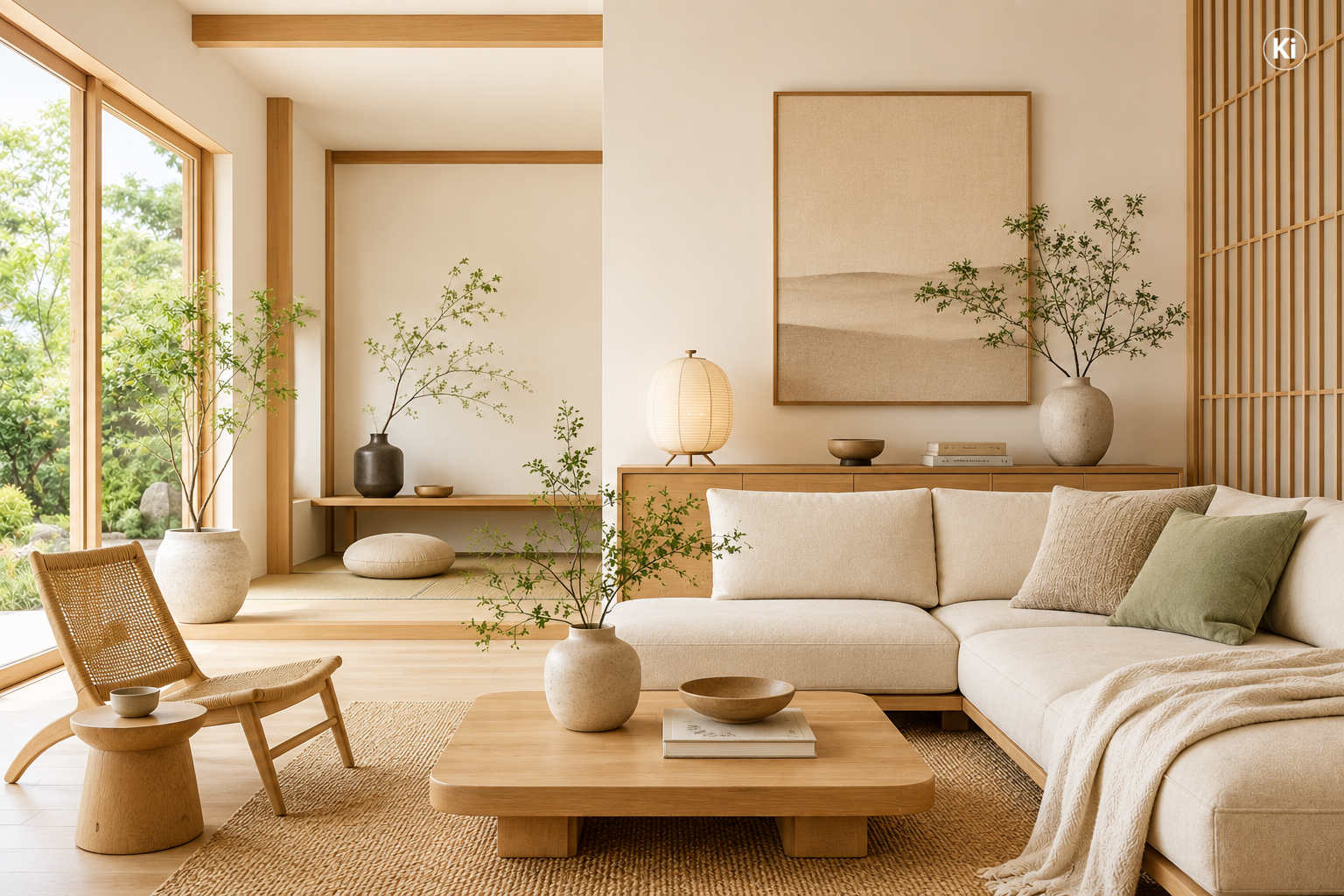 Wohnzimmer im hellen Japandi-Stil