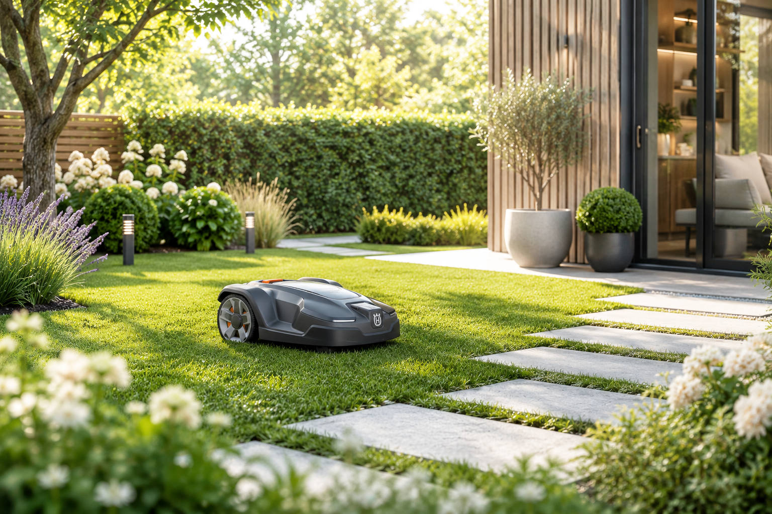 Rasenmähroboter im gepflegten Garten