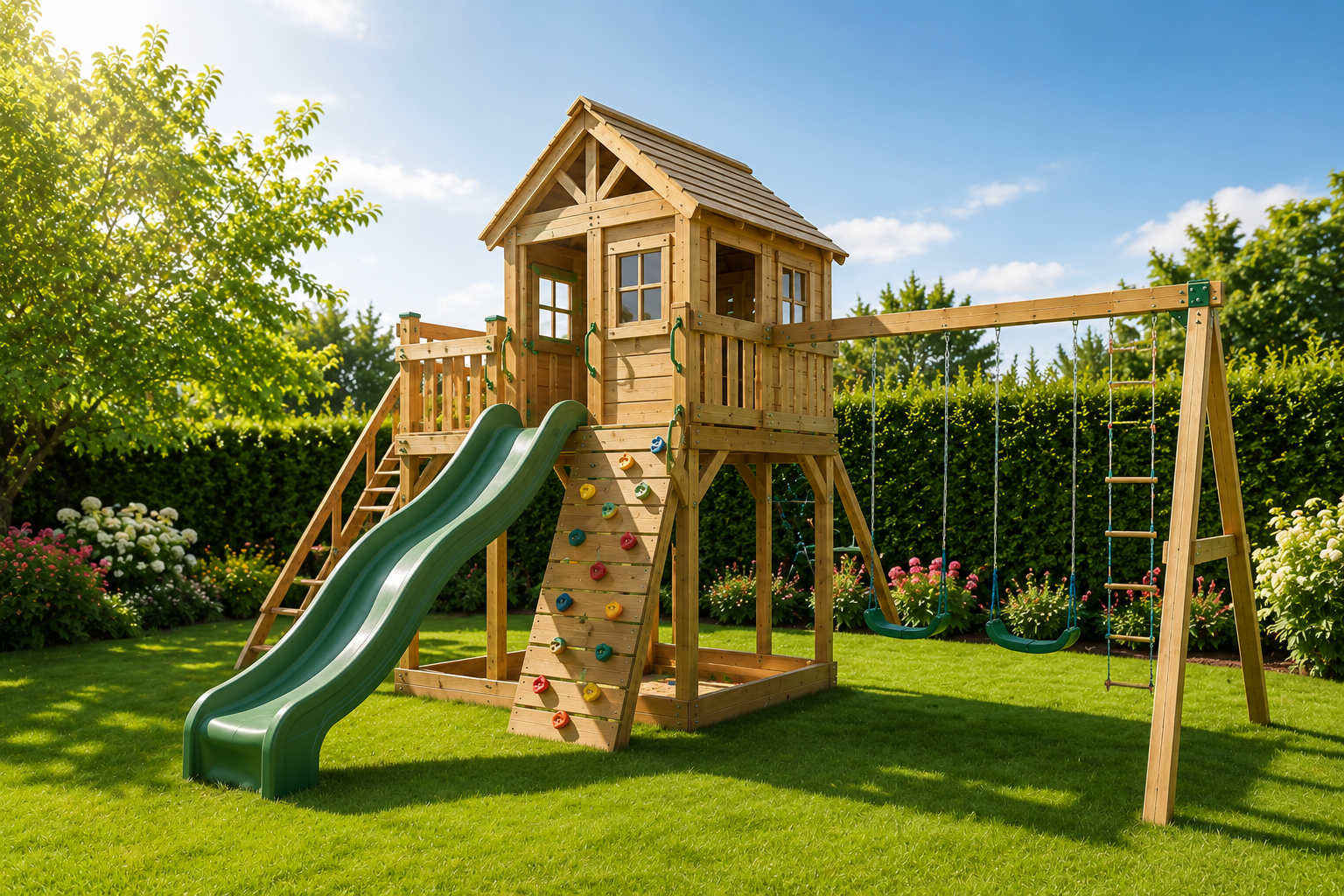 Spielturm mit Kletterwand und Rutsche