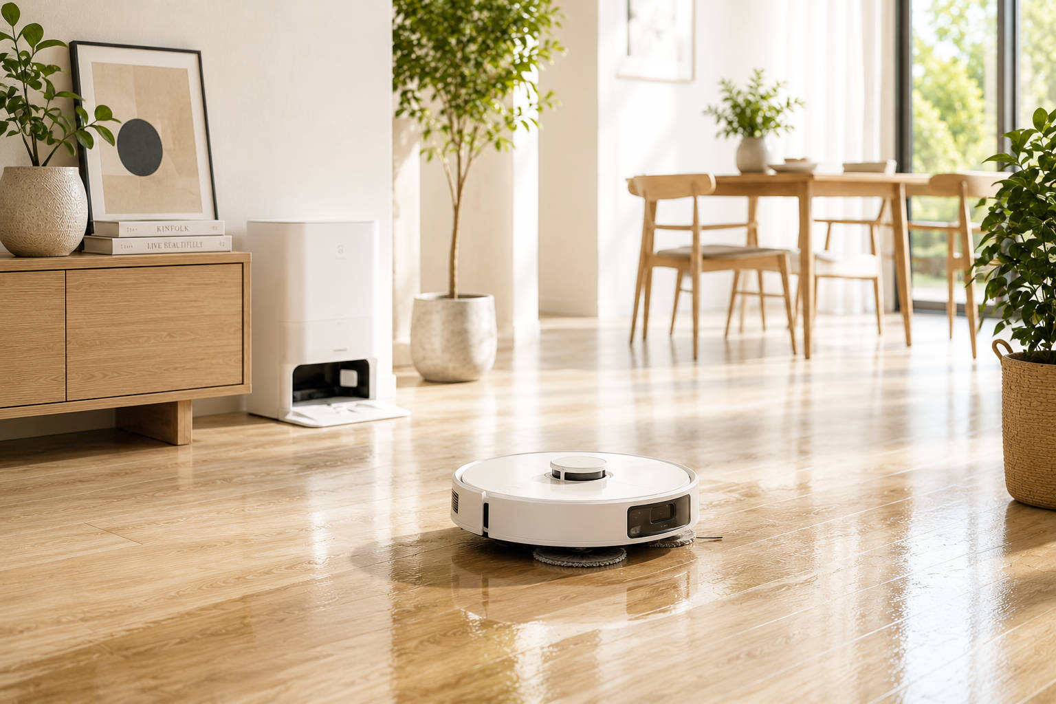 Wischroboter auf hellem Boden im Wohnzimmer