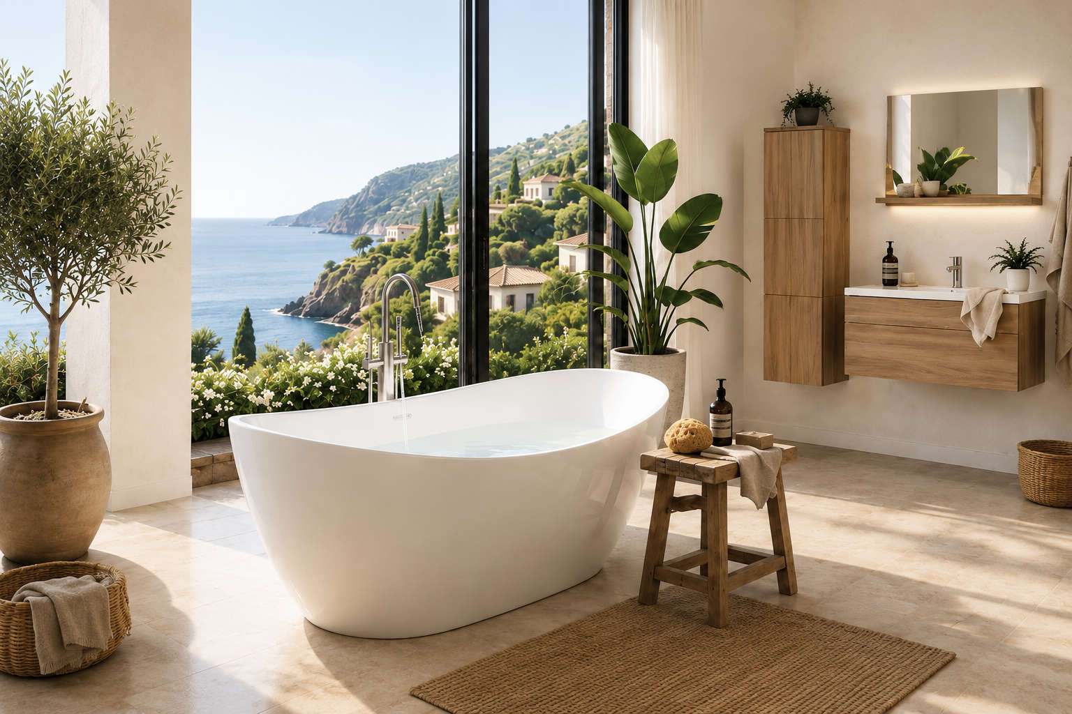 Freistehende Badewanne mit Blick ins Grüne