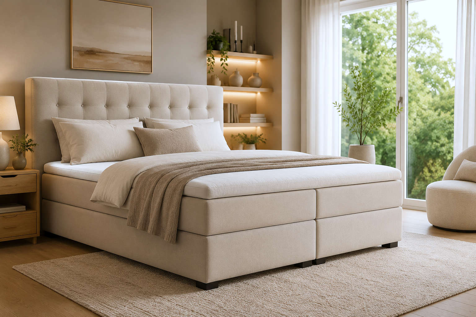 Modernes Boxspringbett im hellen Schlafzimmer