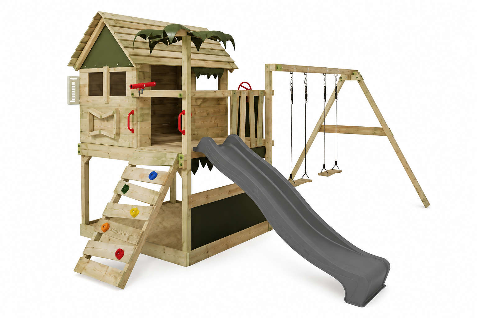Holz-Spielturm mit Rutsche, Kletterwand und Doppelschaukel für den Garten