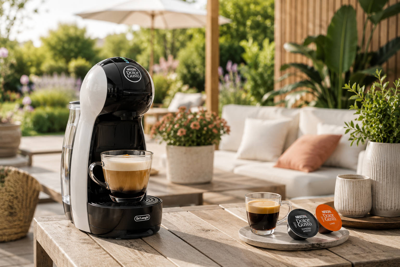 Kapselkaffeemaschine im Garten