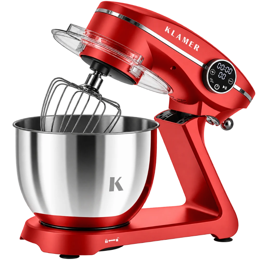 KLAMER Küchenmaschine 1800 W, 90790 6-L-Edelstahlschüssel, 10 Stufen, Rot.
