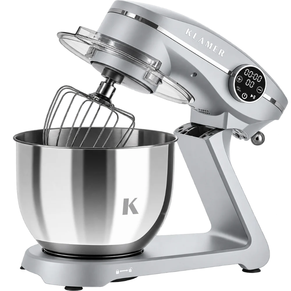 KLAMER Küchenmaschine 1800 W, 92381 6-L-Edelstahlschüssel, 10 Stufen, Silber.