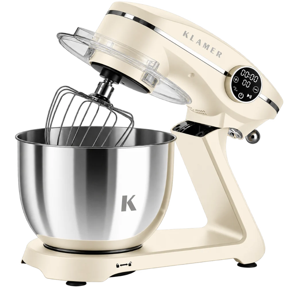 KLAMER Küchenmaschine 1800 W, 96365 6-L-Edelstahlschüssel, 10 Stufen, Creme.