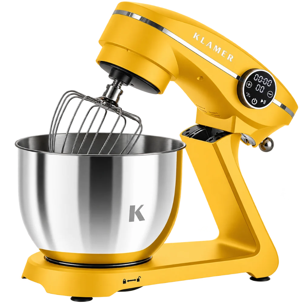 KLAMER Küchenmaschine 1800 W, 96495 6-L-Edelstahlschüssel, 10 Stufen, Gelb.